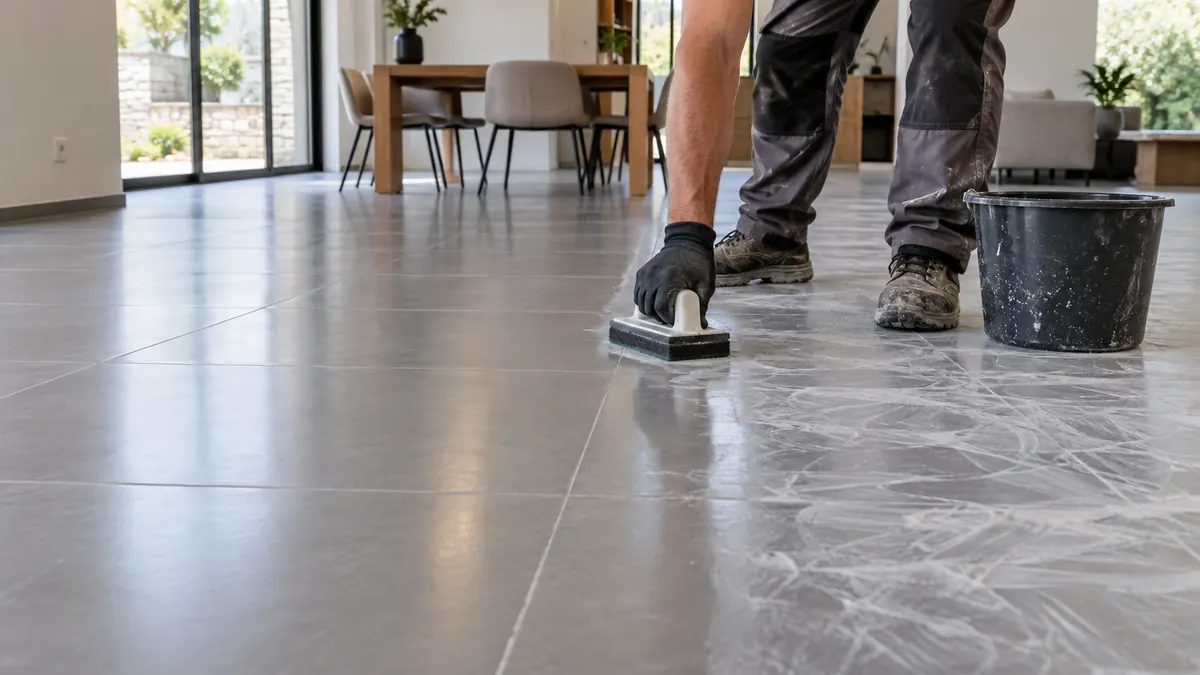 Nettoyage d’un carrelage gris voilé par la laitance de ciment avec une brosse manuelle et un seau