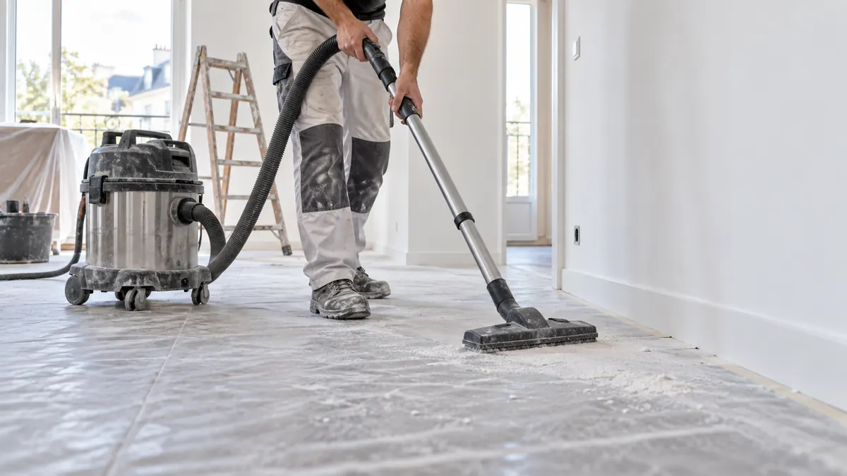 Agent de nettoyage aspirant la poussière de plâtre sur un sol protégé dans un appartement en fin de chantier