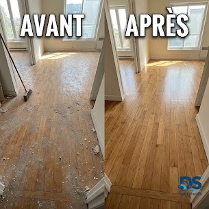 Avant : parquet couvert de gravats, de poussière et de débris avec un balai. Après : le même parquet dégagé et propre.
