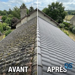 Avant : pan de toiture en tuiles recouvert de mousse. Après : le même pan de toiture sans mousse.